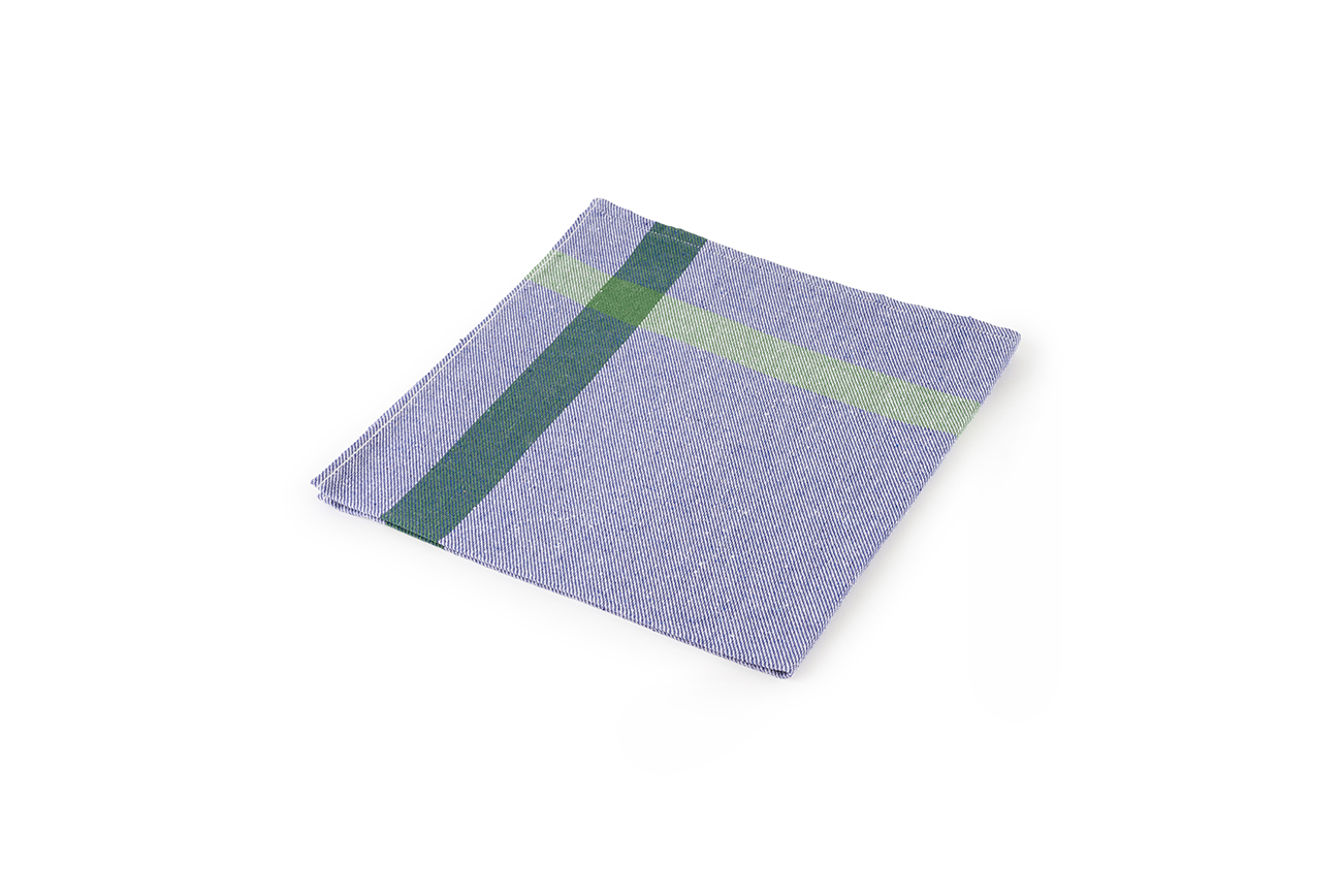 Torchon vaisselle bleu avec bordure colorée. Matière : 80% coton.